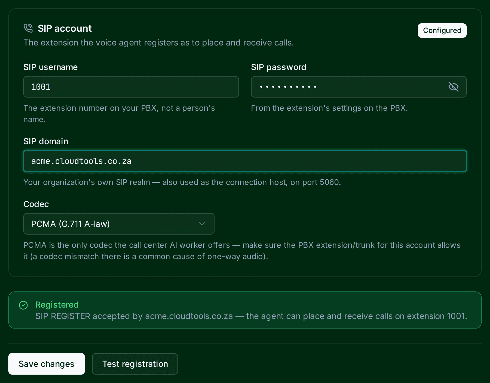 The SIP account panel in the AI Call Center’s Telephony Settings: SIP username, SIP password, SIP domain and a codec picker set to PCMA (G.711 A-law), with a Registered result under it and Save changes / Test registration buttons.