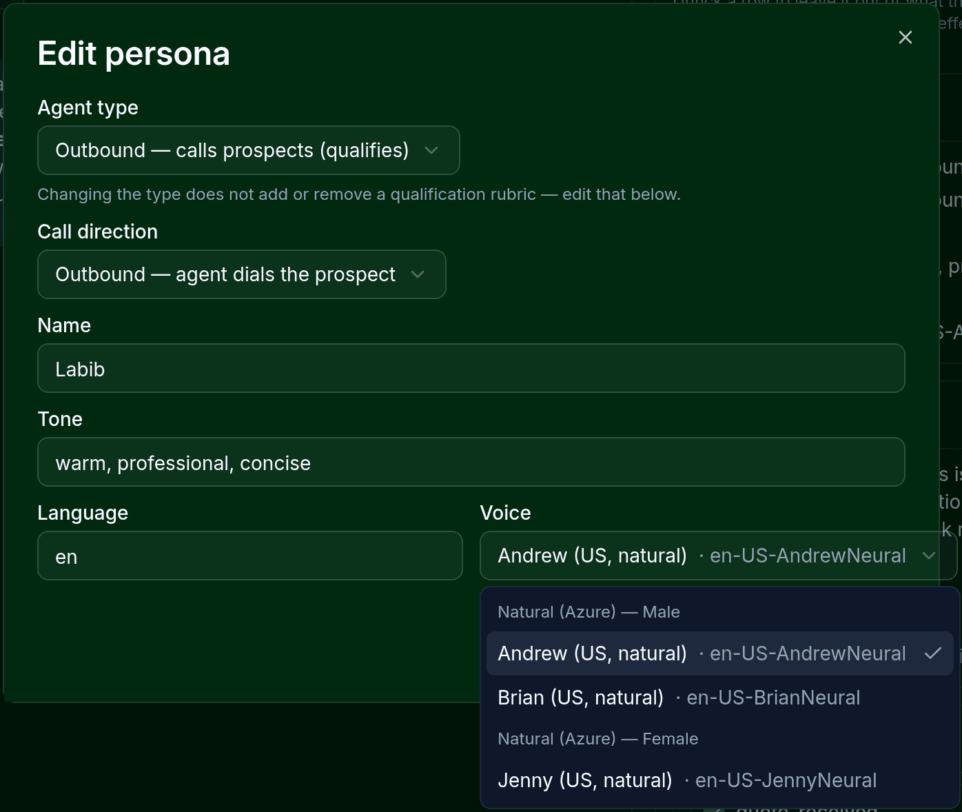 The Edit persona dialog in the Trainer, with the Voice picker open on its three natural Azure voices — Andrew and Brian under Male, Jenny under Female — and Andrew currently selected.
