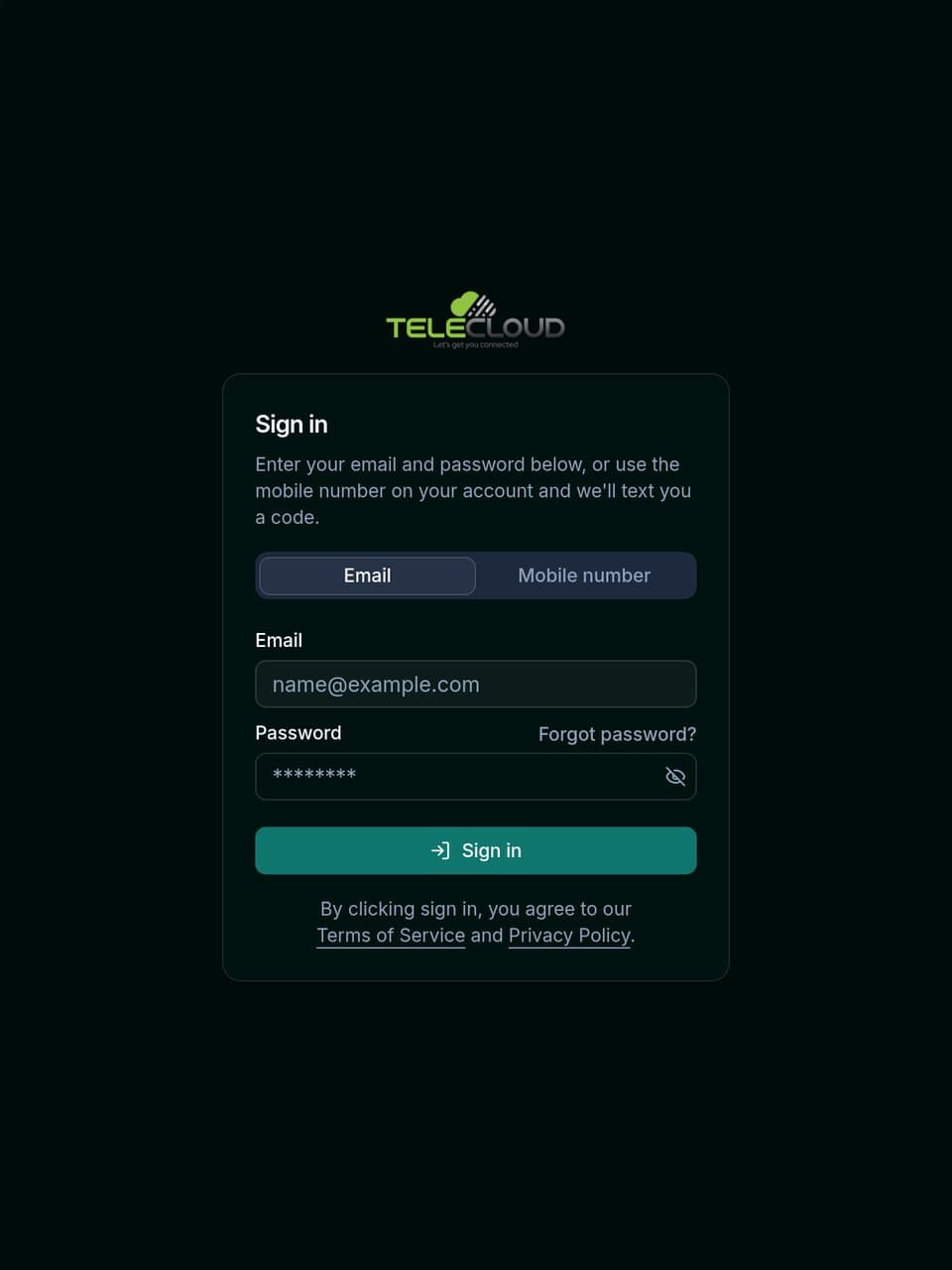 The Telecloud portal sign-in screen: the Telecloud logo above a Sign in card with email and password fields