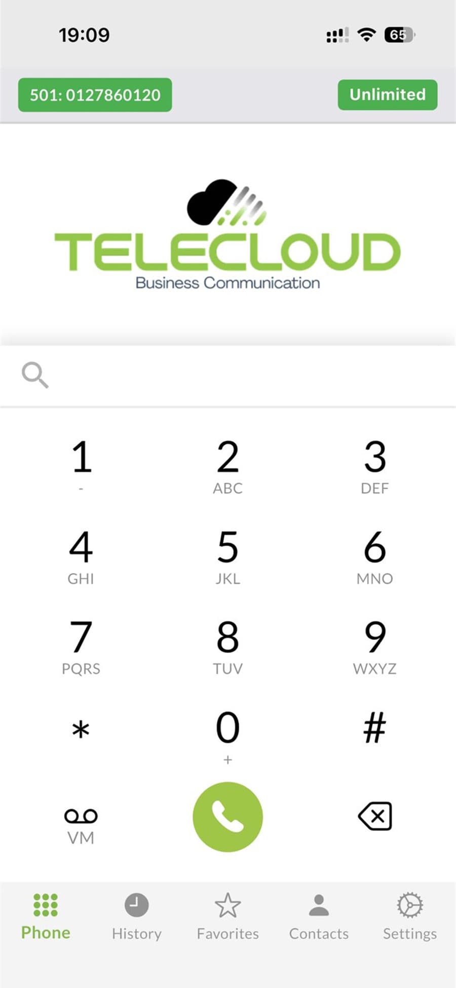 The Telecloud Mobile dialer on an iPhone: the Telecloud logo above a full keypad, the signed-in extension 501 and its business number shown in the bar at the top, and the Phone / History / Favorites / Contacts / Settings tabs along the bottom.