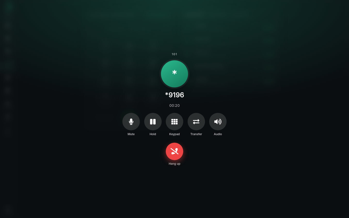 The Lubb Team in-call screen: a call timer, Mute, Hold, Keypad, Transfer and Audio buttons, and a red Hang up button.