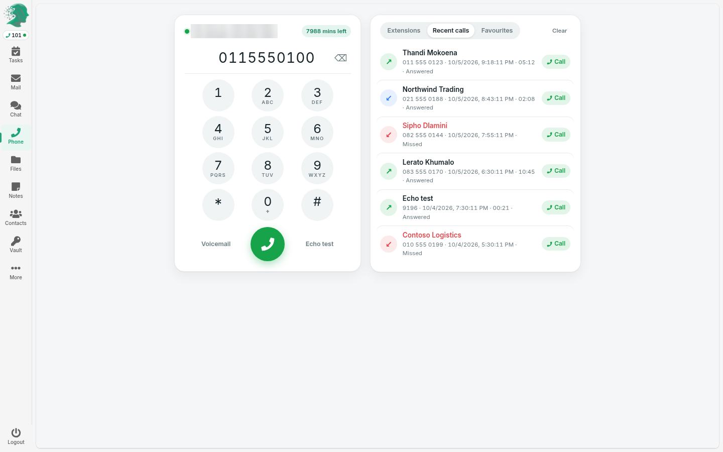 The Lubb Team browser phone in light mode: number field above a round-key dial pad, a green Call button, and a Recent calls list with call direction badges and one-click Call buttons.