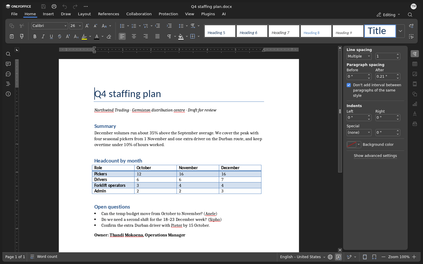 A Word document open for editing in Lubb Team in the browser: a Q4 staffing plan with a headcount table, and the full formatting toolbar.