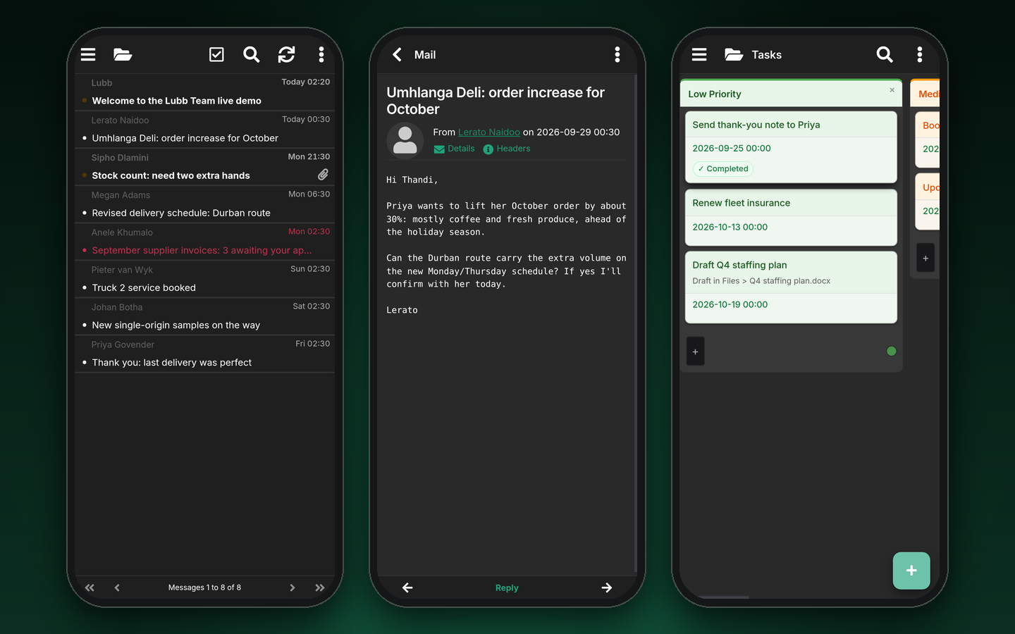 Lubb Team in the Lubb Mobile app on three phones in dark mode: an inbox, an open message about an October order, and the task board.