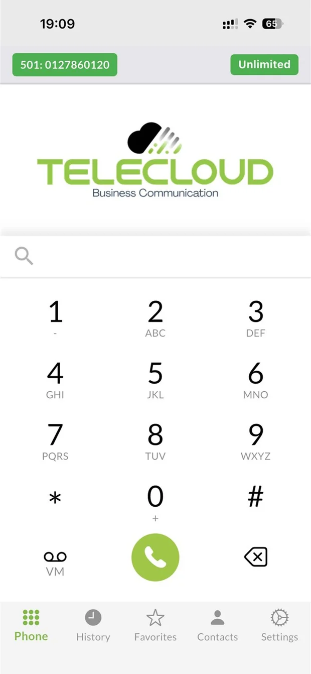 The Telecloud Mobile dialer: a full keypad with the extension and business number in the top bar.
