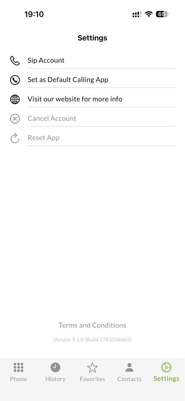 The Telecloud Mobile settings screen: SIP Account, Set as Default Calling App, website link, Cancel Account and Reset App.